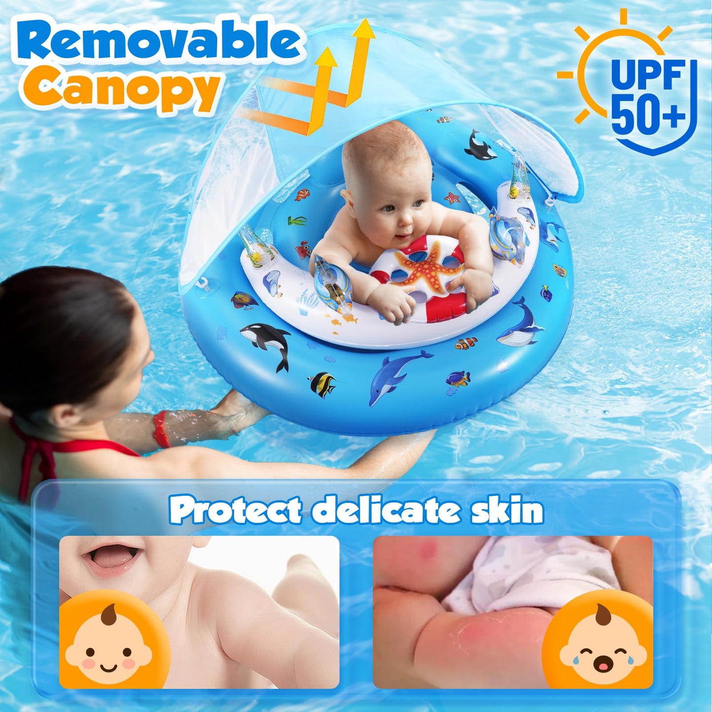 GLOPUS Baby Swimming Float, Baby Pool Float with Canopy, Inflatable Baby Swim Float, Toddler Pool Swimming Float for 6-36 Months, Adjustable Safety Seat, UPF 50+ Sun Protection Roof & Toy