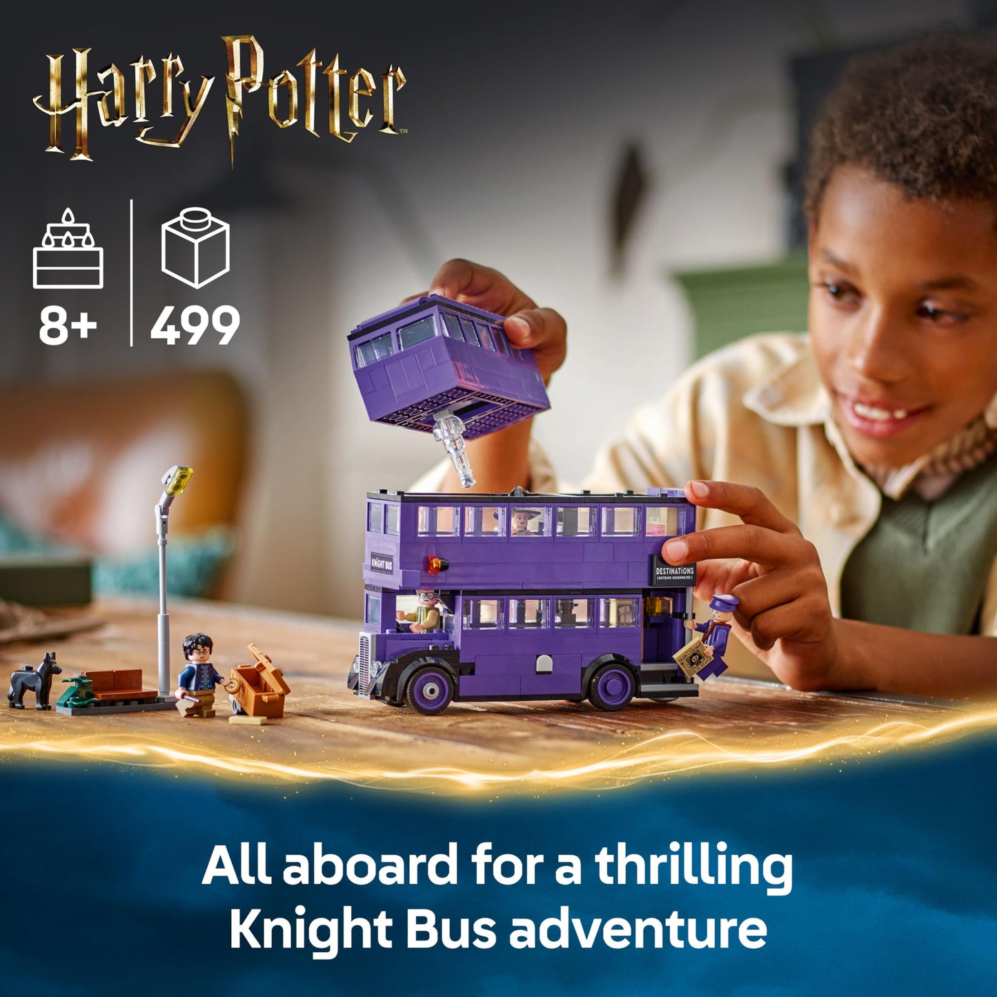 LEGO Harry Potter Knight Bus Adventure set with 5 minifigures, wands, and accessories from the Wizarding World.
