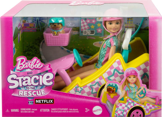 Barbie Stacie Doll with Go-Kart Car with Rolling Wheels, Dog, Accessories, & Sticker Sheet, 9-Piece Toy Set, HRM08