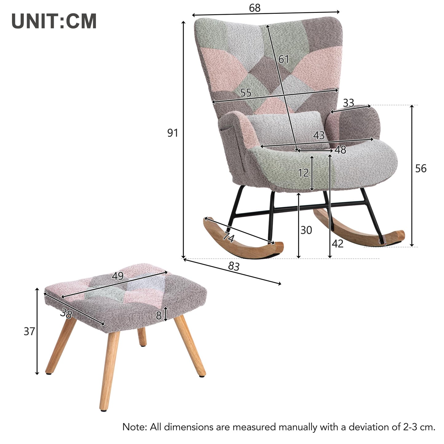 BTM nursery rocking chair with footstool, pillow, and side pocket, cozy single recliner for living room, bedroom, or office.