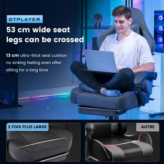 GTPLAYER fabric gaming chair with ergonomic design, adjustable headrest, lumbar support, footrest, and 360° swivel for home office use.