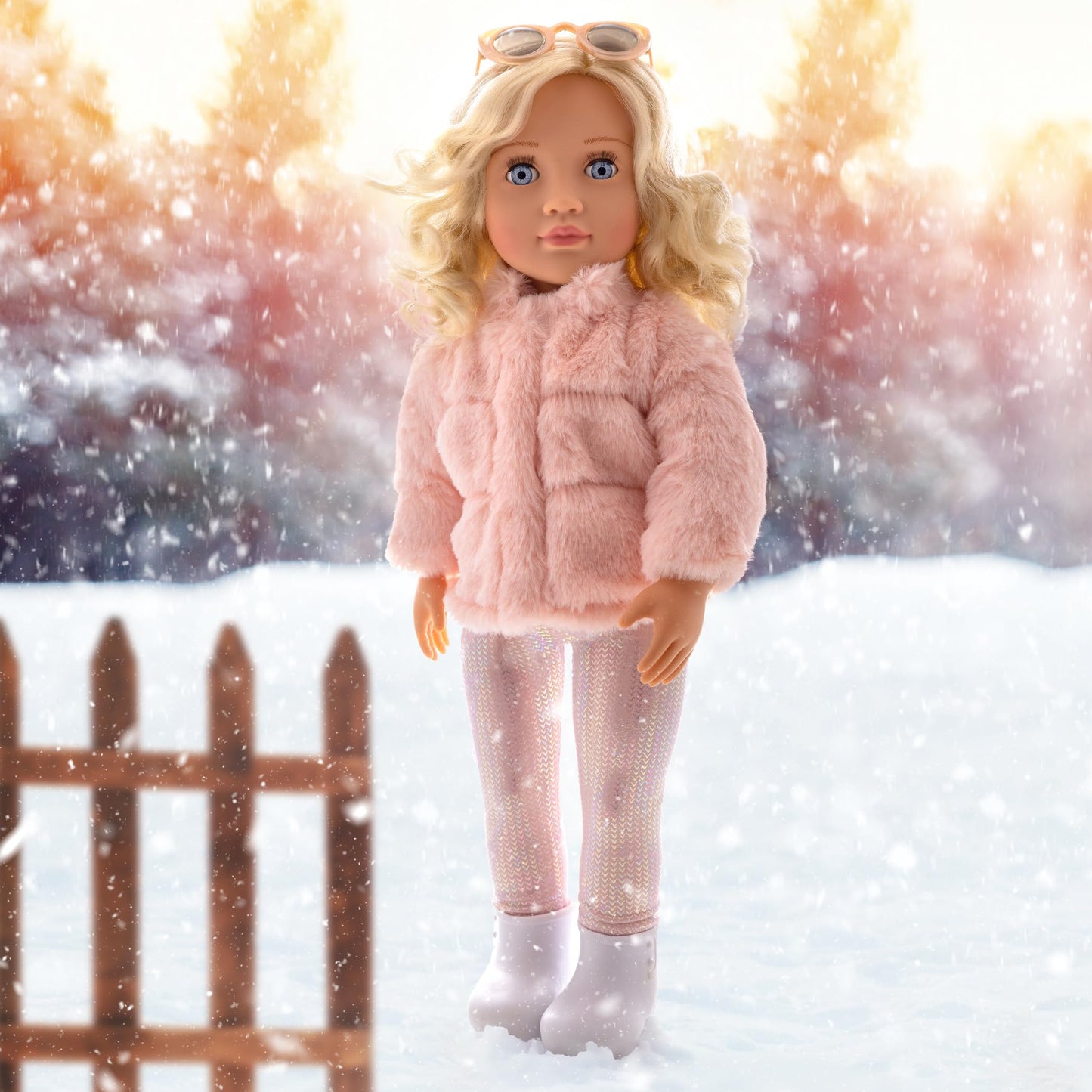 Our Generation Ava 18-inch doll wearing a pink faux-fur coat, winter outfit, snow boots, and stylish sunglasses.
