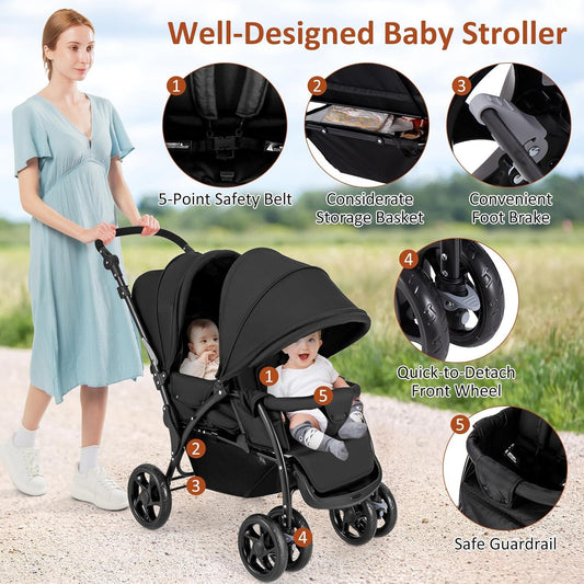 Foldable Twin Stroller, Double Baby Pushchair w/Multi-Level Backrest, Canopy, Handle & Footrest, Safety Belt & Brake System, Travel Tandem Seating Stroller w/Lockable Wheels (Black)