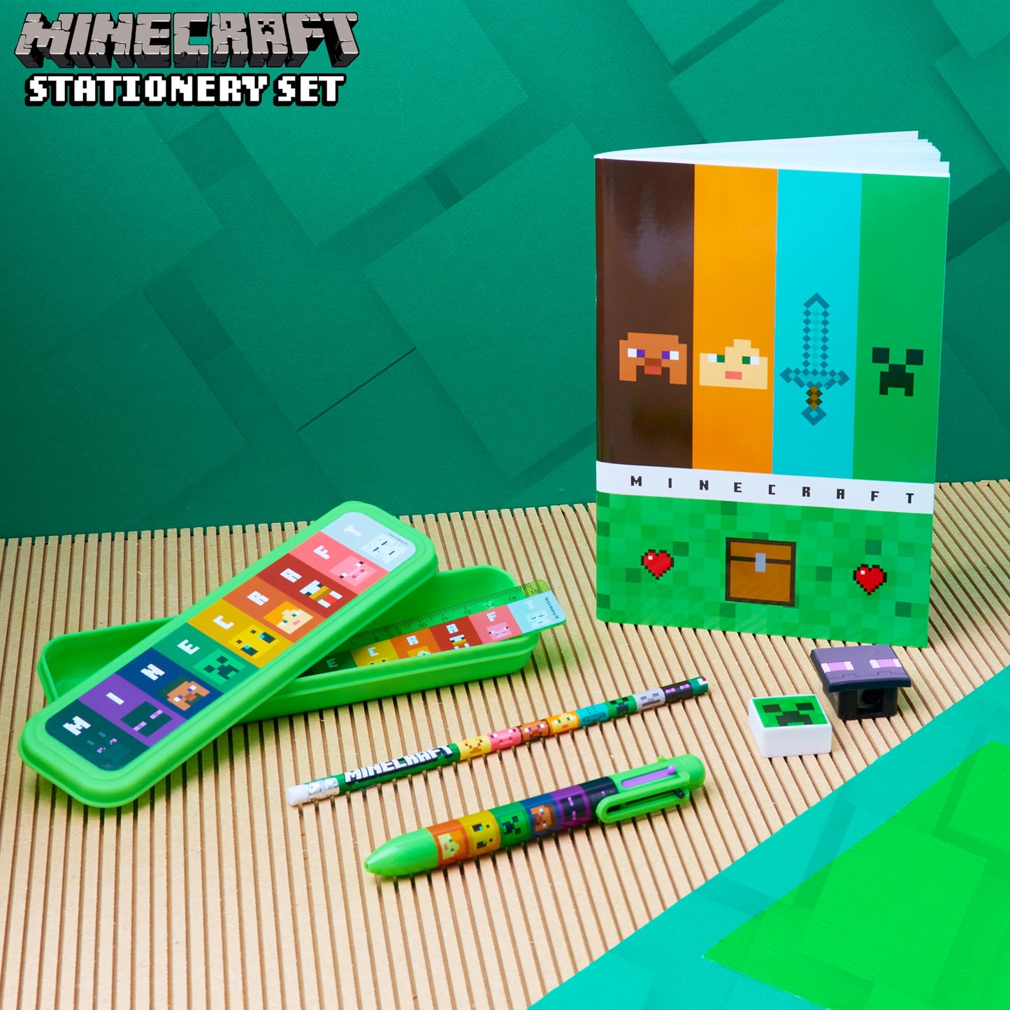 Minecraft Pencil Case and Stationery Set for Kids Filled Pencil Pouch Notebook Sticky Notes Pencils Creeper School Supplies Gamer Gifts for Kids (Green/Multi)