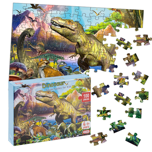 Sitodier Dinosaur Puzzles for Kids, 100 Piece Jigsaw Puzzles for Kids Ages 4-8, Learning Educational Puzzle Toys for Toddlers Boys Girls 4 5 6 7 8 Years Old