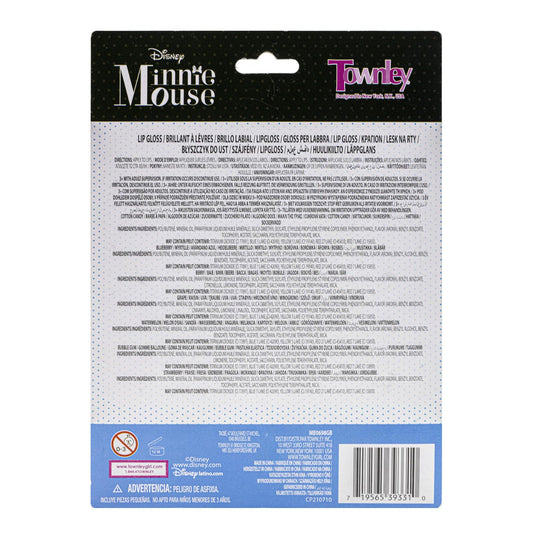 Disney Minnie Mouse lip gloss set by Townley Girl, featuring 7 plant-based glosses for girls' makeup and party favors.