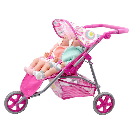 The Magic Toy Shop BiBi Doll Pink Twin Stroller, Ideal Twin Dolls Prams and Pushchairs - Adjustable Canopy and Handle, Under Storage Space, Collapsible - Dolls Double Buggy Toy Pram Double Dolls Pram
