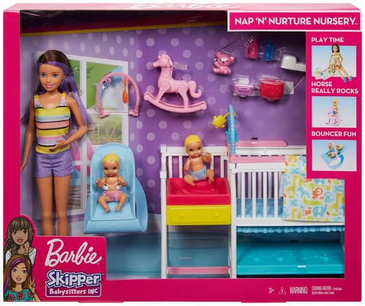 Barbie Nursery Playset featuring Skipper doll, two baby dolls, crib, and various baby gear accessories.