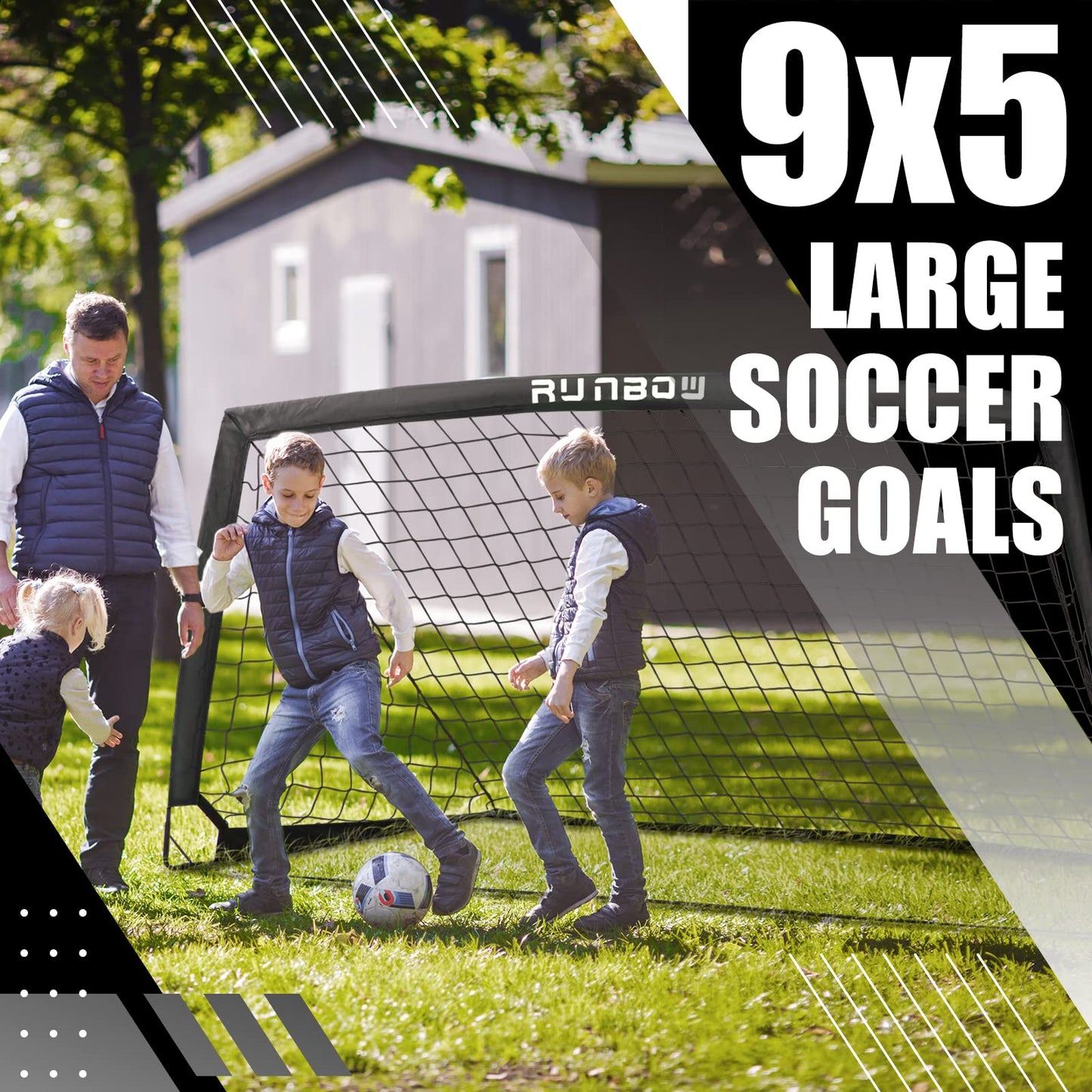 RUNBOW 9x5 ft Kids Football Goal, Portable Soccer Net for Adult Junior Backyard Practice with Carry Bag (Black, 1 Pack)