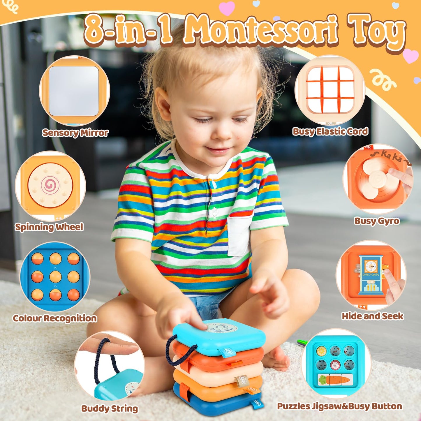 ZCOINS Foldable 5-Panel Activity Busy Cube for Toddlers 18M+, Home & Travel Montessori Sensory Busy Board with Fine Motor Activities, Independent Play Baby Toy Airplane Essentials & Learning Gift