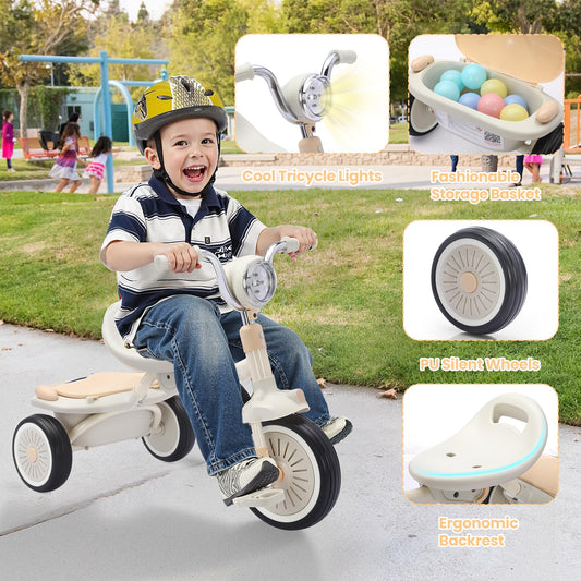 UBRAVOO Baby Tricycle, Foldable Toddler Trike with Pedals, Cool Lights, Durable Wheels and Comfortable Seat, Baby First Walker Trike for 1-5 Years Old Girls, Boys (White)