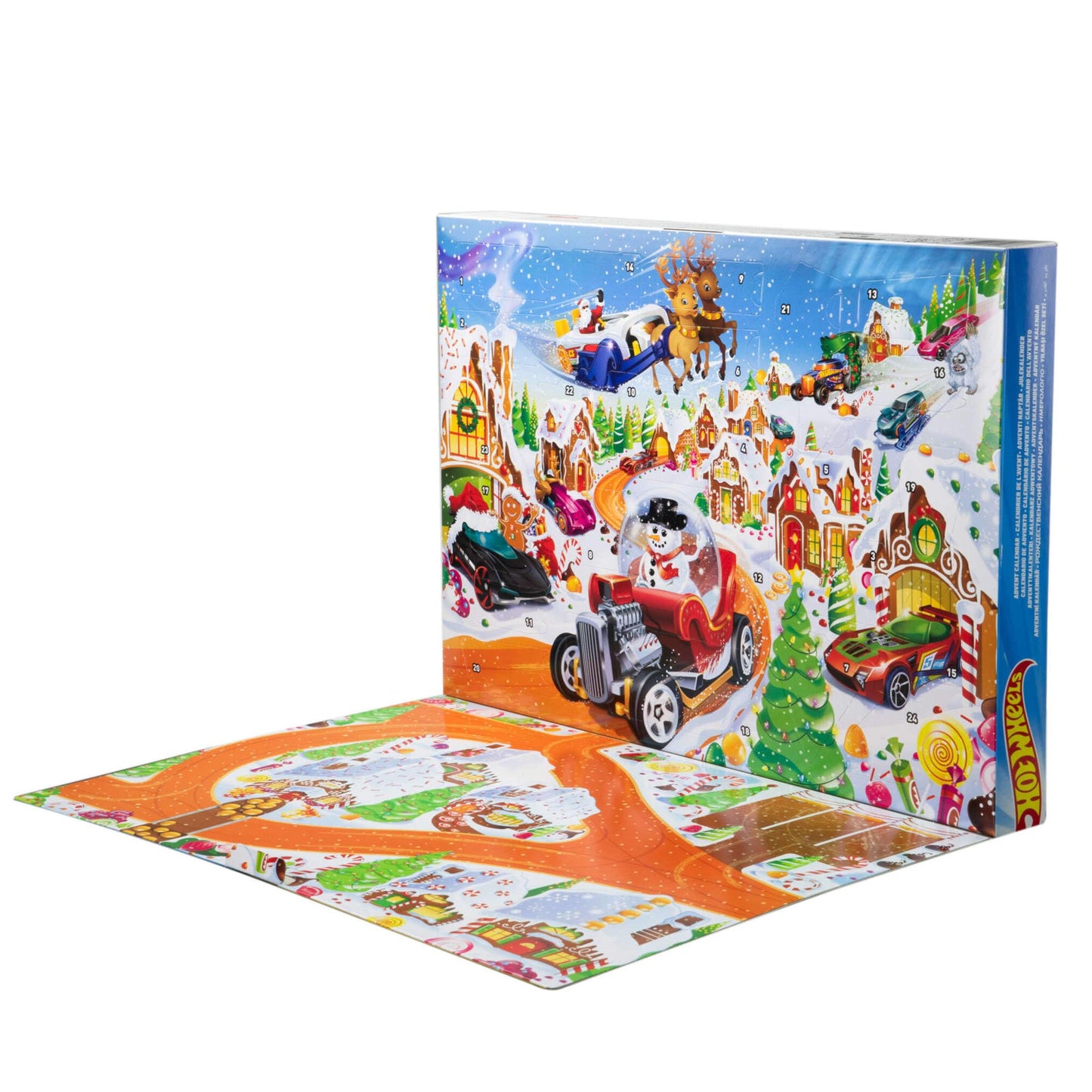 Hot Wheels Toy Cars & Playset, 2025 Advent Calendar with 10 Vehicles in 1:64 Scale, 10 Ornament Clips & 14 Winter-Themed Accessories, JCB47