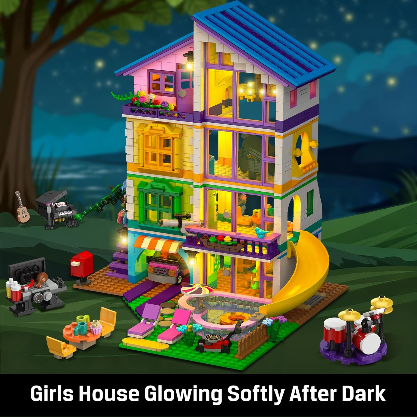 CUBIMANA Friends Girls House Building Set with LED Light - Pink Girl Villa Building Block with Car and Pool, 1317PCS Friends House Toy for Role Play, Christmas Birthday Gift for Girls Boys Age 6-14+