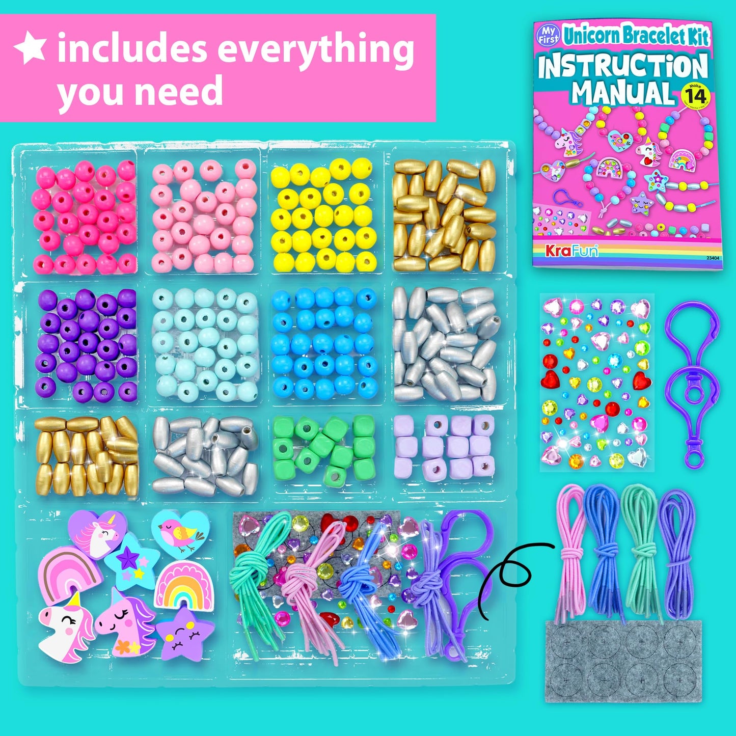 KRAFUN Unicorn Bracelet Craft Kit for Kids Ages 5-12, 14 DIY Arts & Crafts Projects with Friendship Bracelets, Charms, Beads, Gem Stickers, Instructions, Educational Gift for Girls