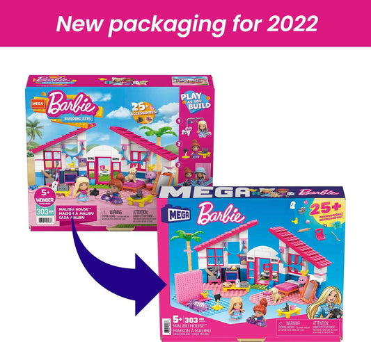 Barbie Malibu House building set by Mega Brands with 303 bricks, accessories, and 2 micro-dolls for imaginative play.