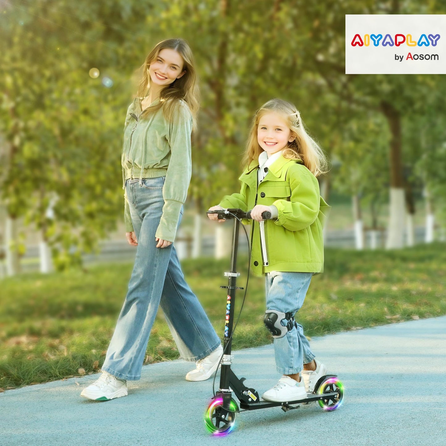 AIYAPLAY black folding kick scooter for ages 3-8, featuring adjustable handle, light-up wheels, handbrake, and rear brake.