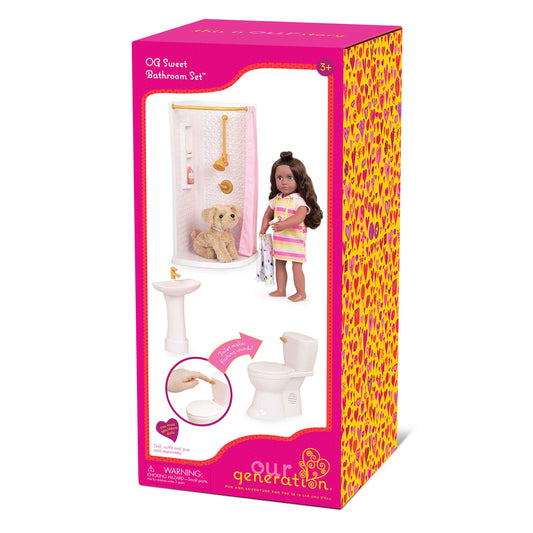 Modern Our Generation dollhouse bathroom set with 7 pieces, featuring sink, shower, and accessories for 18-inch dolls.