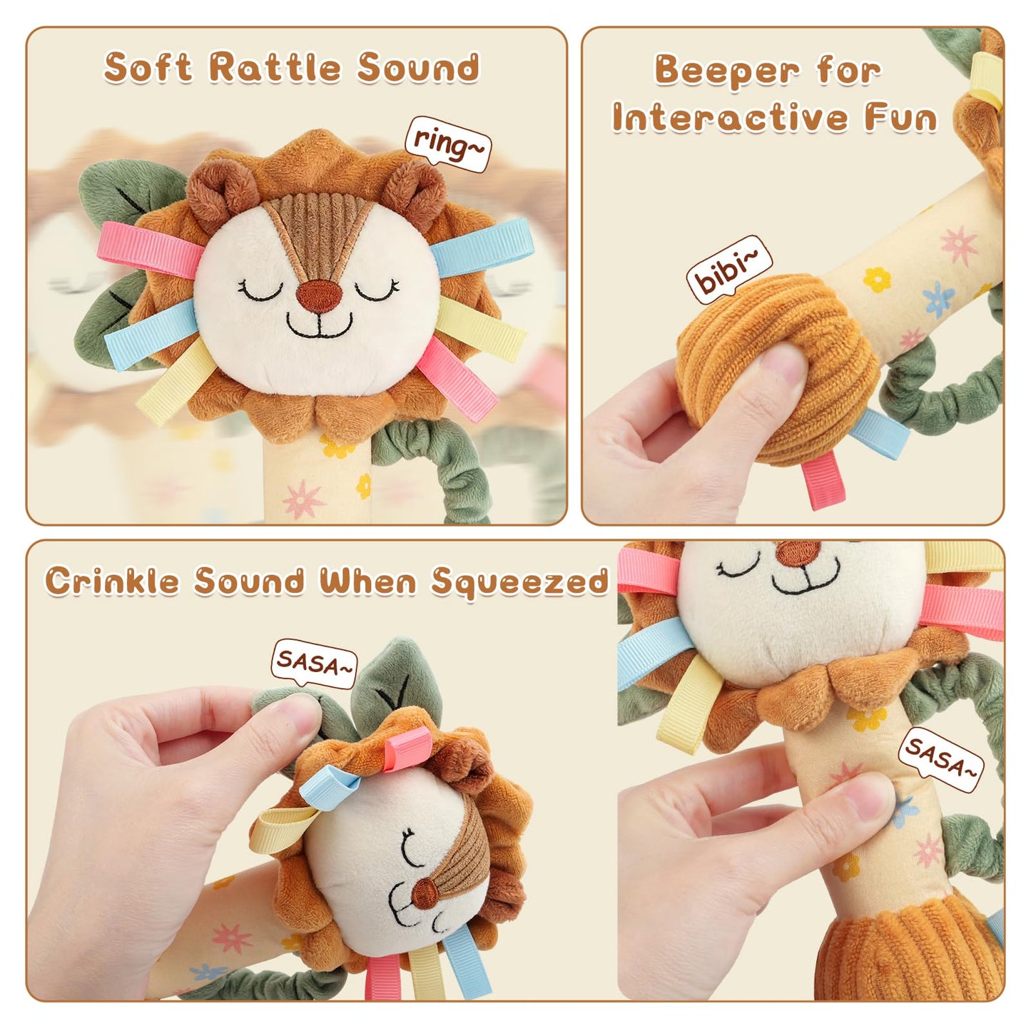 TYRY.HU Baby Rattle Toy,Plush Lion Sensory Shaker with Bells, Crinkle & Squeaker,Soft Sensory Toy with Sound for Newborn Infant Toddler Girls Boys 0-12 Months
