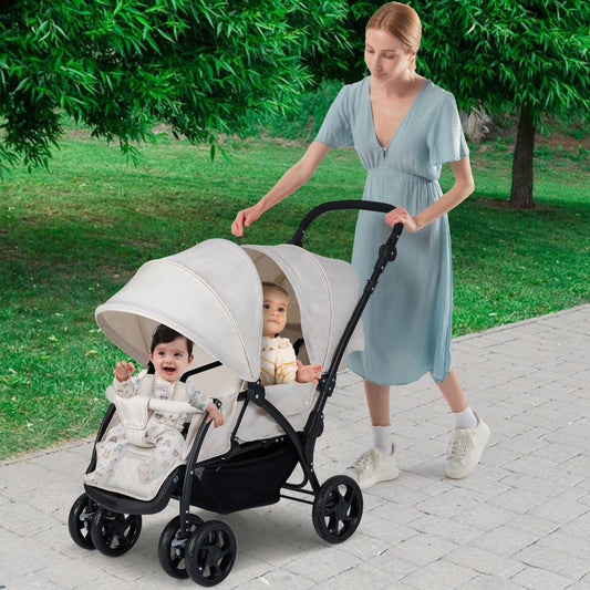 COSTWAY double seat pushchair with beige fabric, foldable twin stroller, adjustable backrests, sunshade, safety belts, and storage basket.