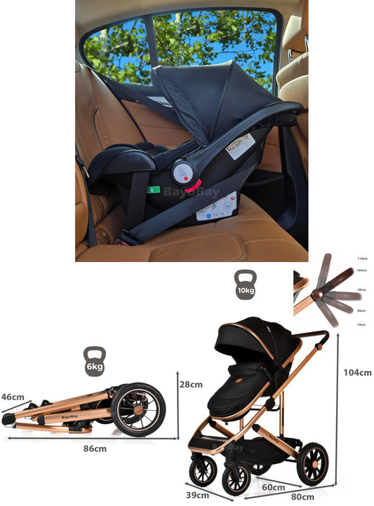 3 in 1 Baby Pram Travel System with Car Seat Lightweight Buggy Foldable Pushchair for Newborn and Toddlers up to 22kg New 2025 Style (Black - Silver)