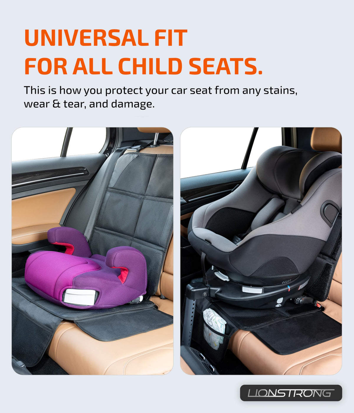 LIONSTRONG car seat protector for child seats, waterproof and dirt resistant black seat cover with ISOFIX compatibility for infant car seats.