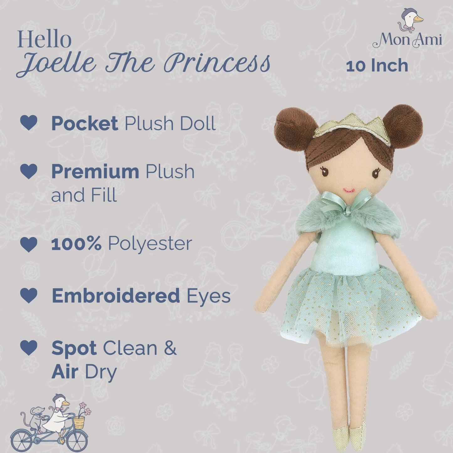 MON AMI Joelle The Princess Pocket Doll 10"/25 cm | Soft Plushie with Crown & Sparkly Dress | Mini Cuddly Doll for Playtime, Travel & All Ages