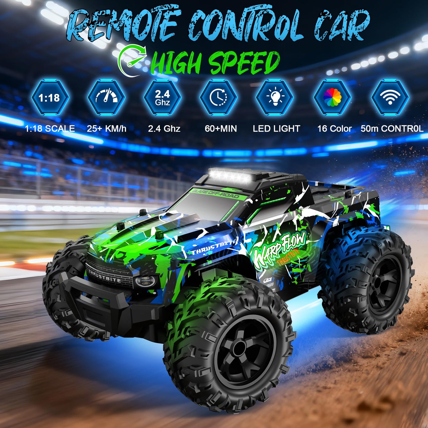 BAZADER 1:18 remote control RC truck with LED lights, off-road tires, high speed, spray feature, suitable for kids and adults.