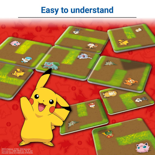 Ravensburger Pokemon Labyrinth Connect card game with colorful game board, cards, and player pieces for family fun.