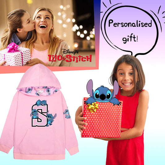 Disney Stitch Personalised Hoodie for Girls Teens Pullover Sweatshirt 100% Cotton Jumper Activewear Age 5-12 Years Gift for Girls Pink