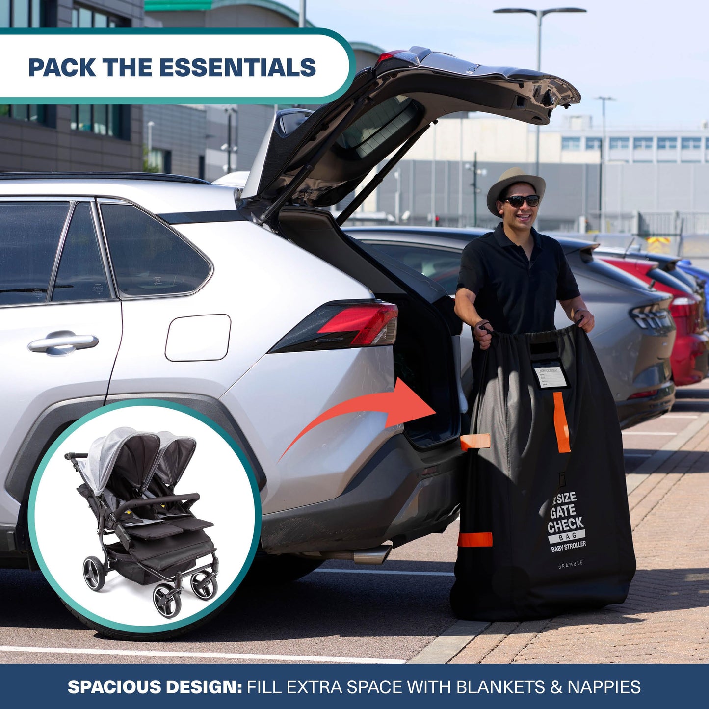 Bramble - XL Stroller Bag for Airplane - Extra Large Pram Bag for Airplane Travel - Water Resistant Double Pushchair Buggy Cover for Gate Check (Black)