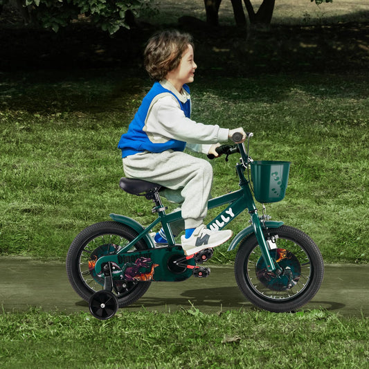 RULLY Dinosaur 12 Inch Boy's Bike for 2 3 year kid,Green theme designs kids bicycle with Removable Training Wheels,Coaster Brake and Handbrake, Basket