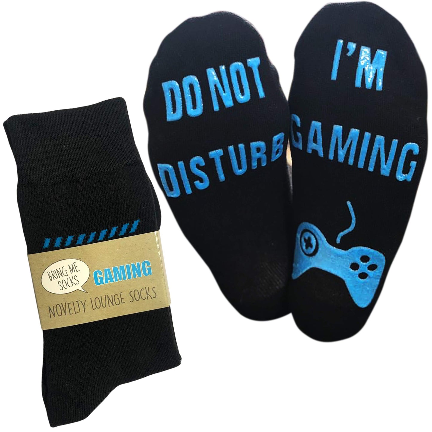 Bring Me Socks "Do Not Disturb I'm Gaming" funny lounge socks featuring bold text, perfect for gamers and novelty gift lovers.