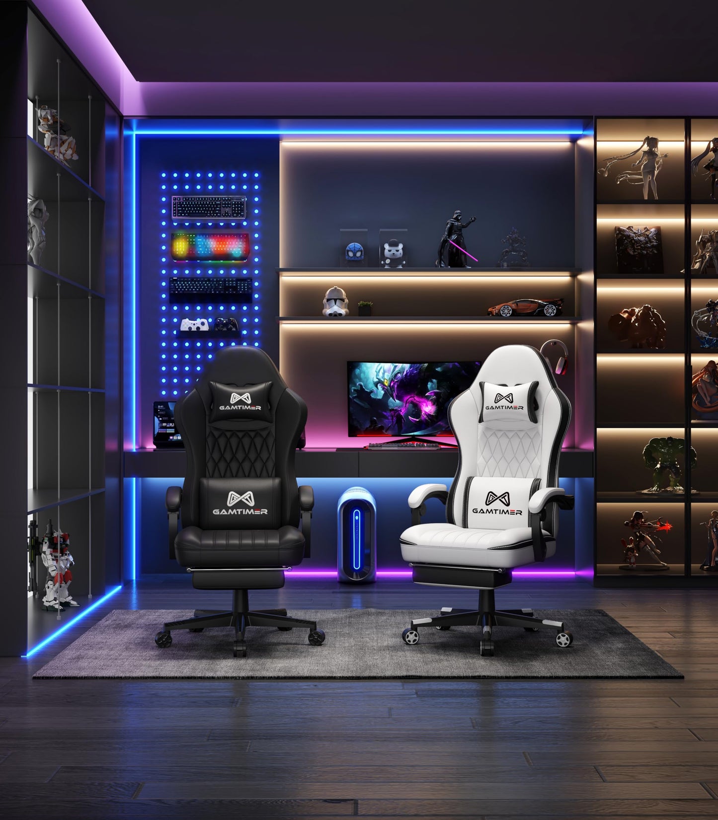 Gamtimer Gaming Chair with Footrest, Ergonomic Computer Chair, PU Breathable Material with Headrest and Lumbar Support, Suitable for Silla Gamer and Adults(BLACK)