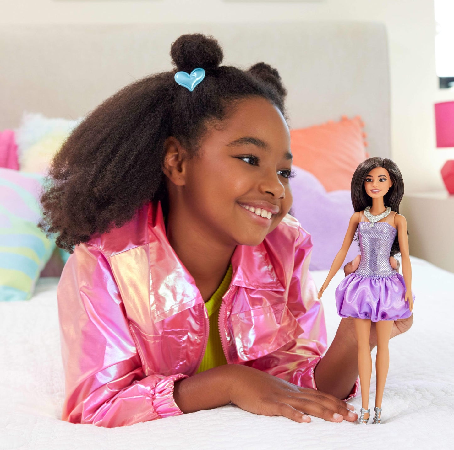Barbie Fashionistas Doll #234 with brown hair in a sequined purple bubble dress, silvery necklace, and heels.