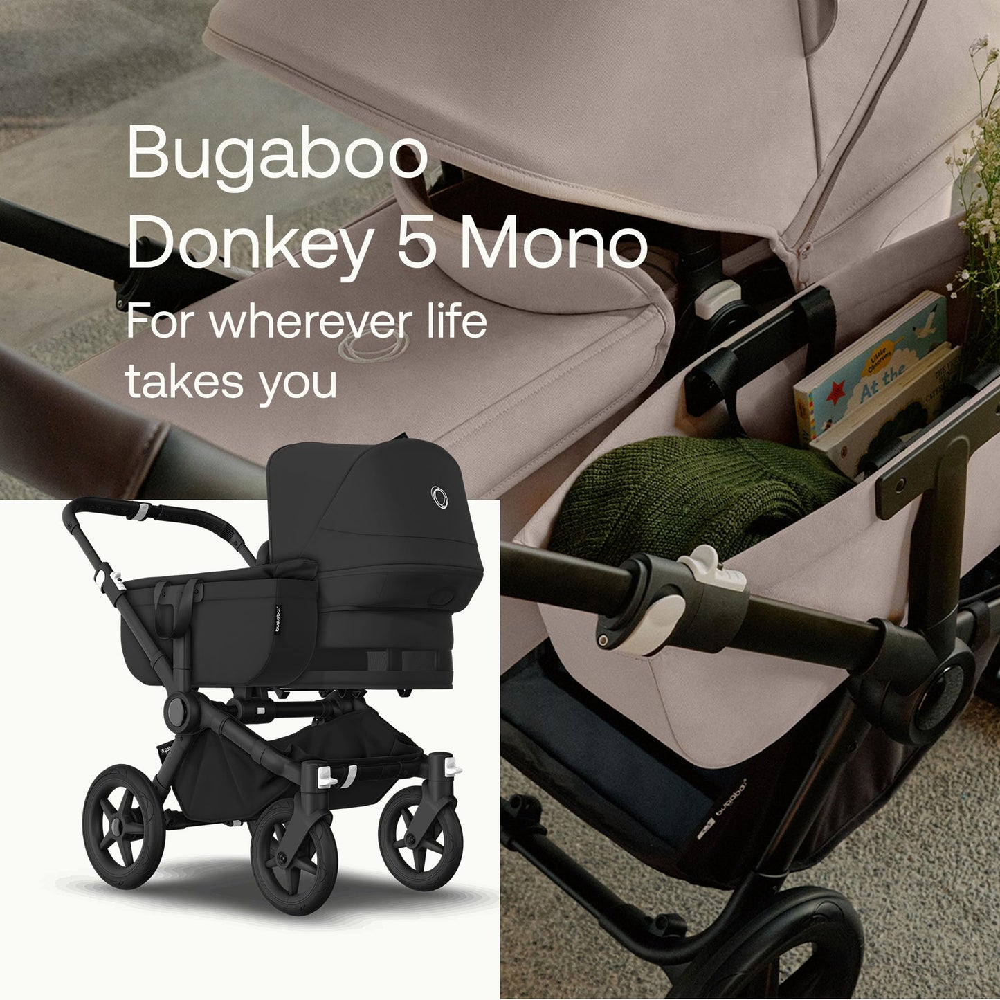 Bugaboo Donkey 5 Mono, Convertible Into Side by Side Double Stroller, Improved Design, Reversible Seat, One Hand Steering and Side Basket, Midnight Black