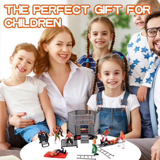 MyrkalaToy 32 Pieces Wrestling Toys Set - 12 Mini Wrestlers Action Figures With 20 Realistic Accessories - Gifts for Boys and Girls