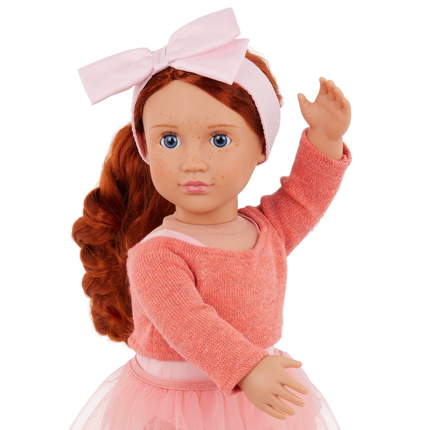 18-inch Our Generation ballerina doll Aubrie with blue eyes, red hair, ballet outfit, and hair bow for pretend play.