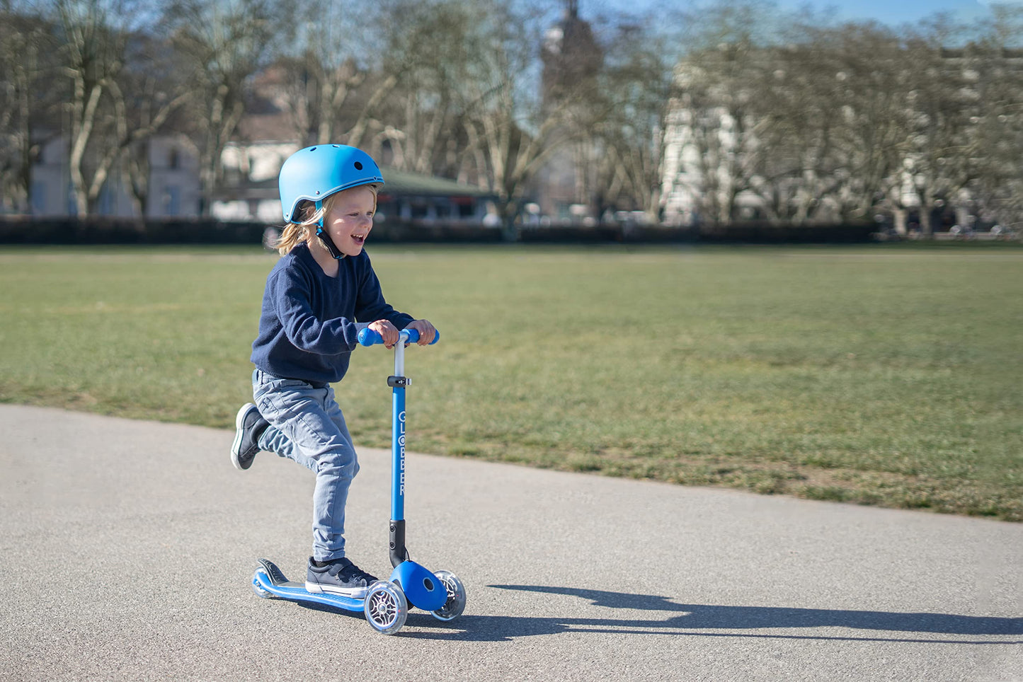 Globber Primo Foldable Lights Kids Scooter 120/80mm ABEC 5 3 Wheel Height Adjustable LED Wheels Dark Blue