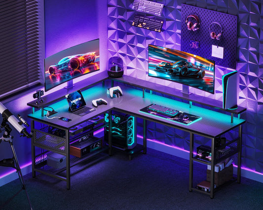 ODK L Shaped Gaming Desk with LED Lights & Power Outlets, 168×120cm Reversible Corner Desk with Storage Shelves, Computer Desks with Monitor Stand, Carbon Fiber Black