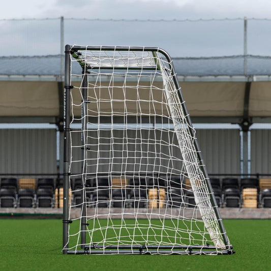 Quickplay GS football goal with galvanized steel frame, deep net, weather-resistant, moveable, available in five regulation sizes.