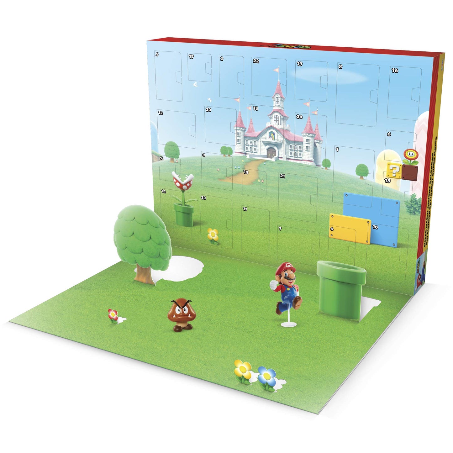 Super Mario Super Mario Advent Calendar with 24 days of surprises, featuring small figures of Mario characters and accessories.
