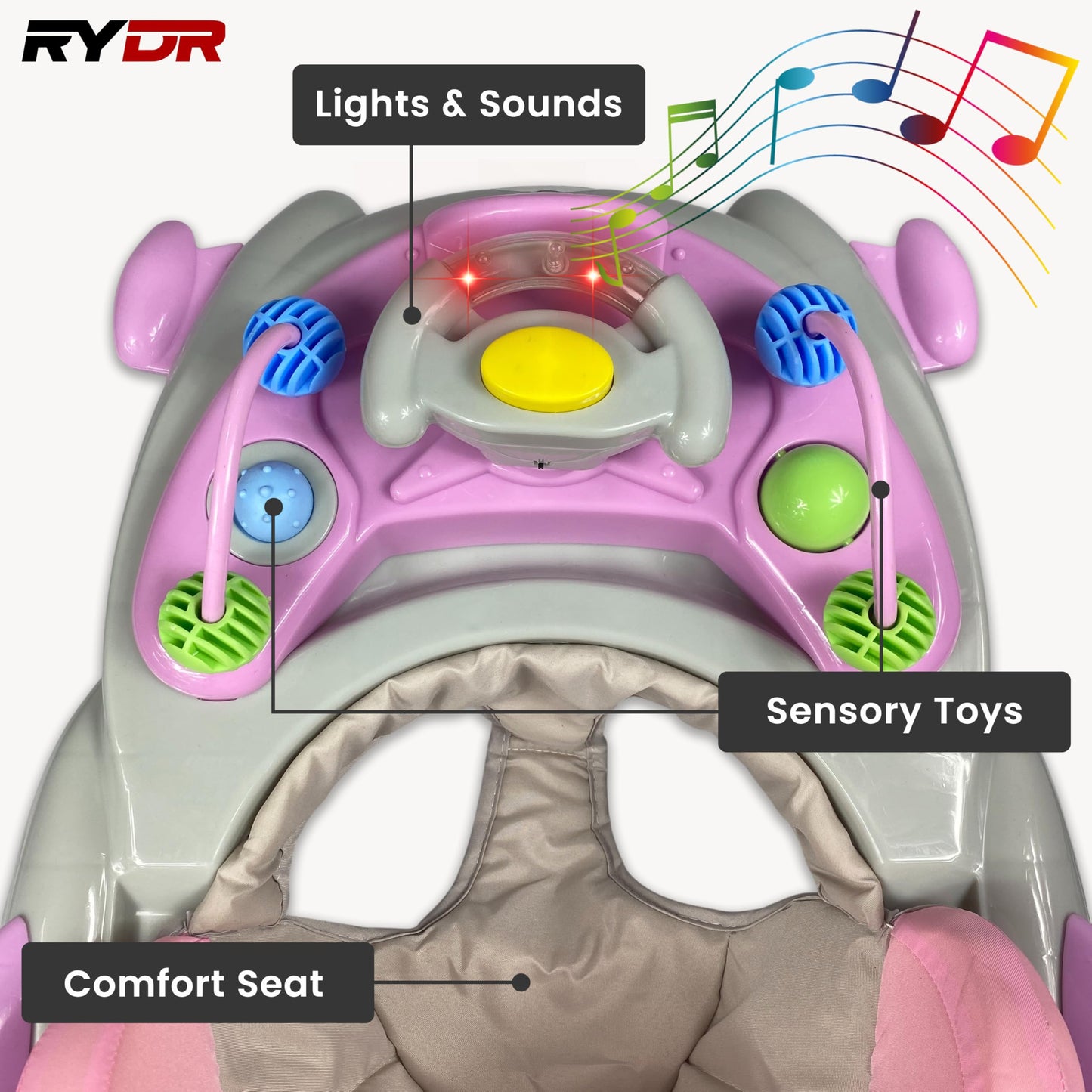 RYDR 101 baby walker with wheels in pink, foldable with adjustable height, featuring interactive lights and sounds for toddlers.
