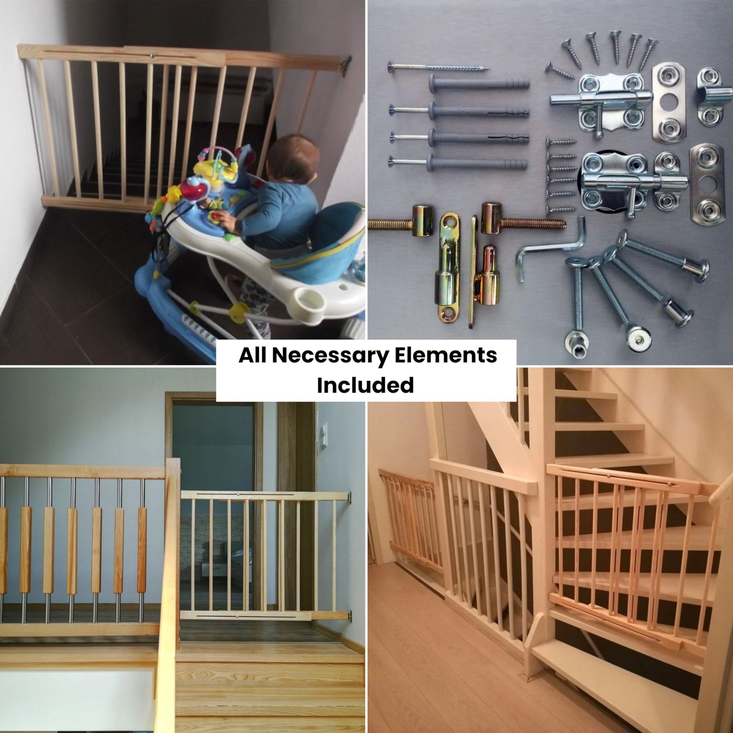 Extendable wooden baby gate by NOVECRAFTO, durable safety gate for doorways, stairs, pets, and babies with lock feature.