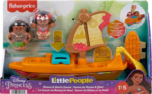 Fisher-Price Little People Disney Princess Moana and Maui’s canoe sailboat with figures for toddler pretend play.