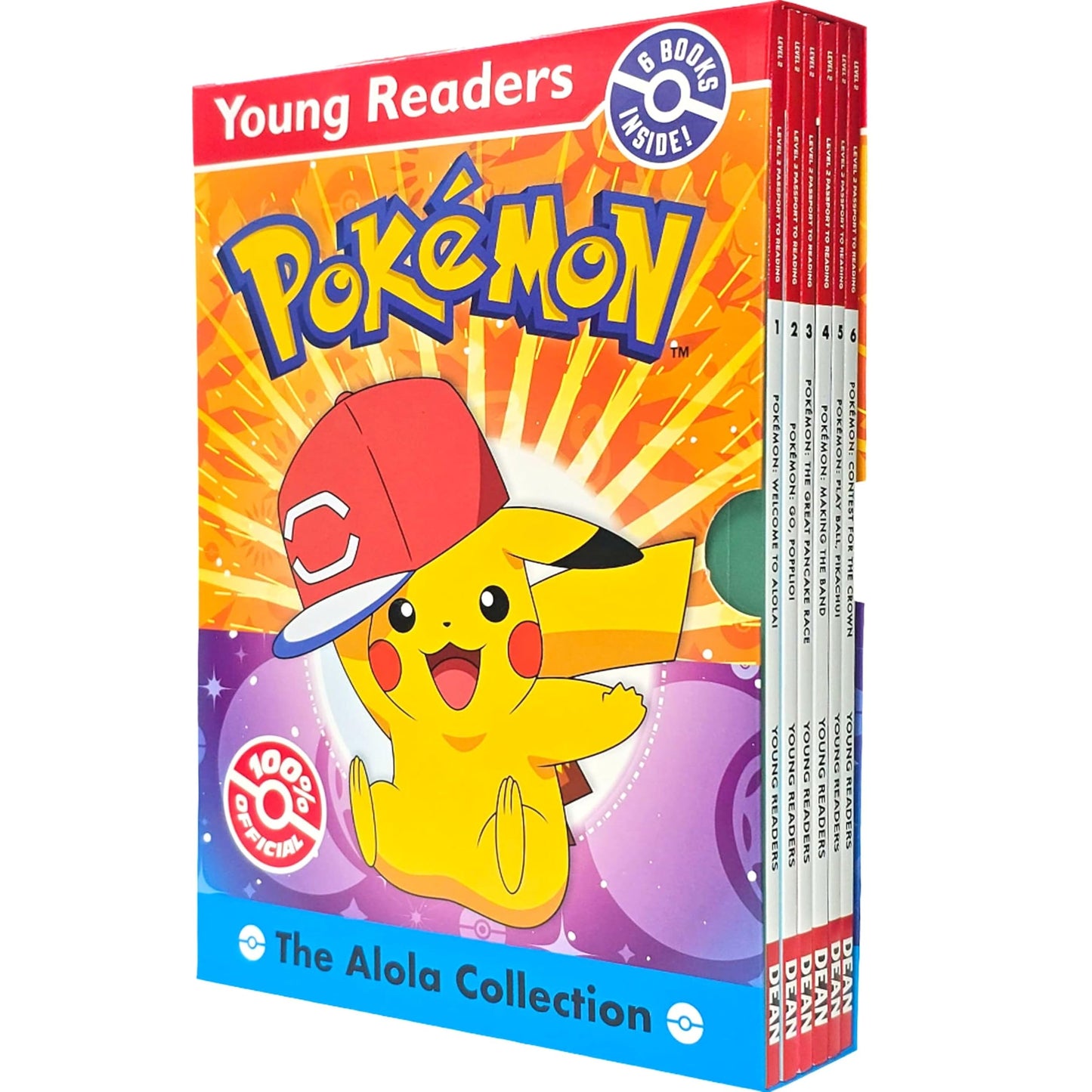 Young Readers Pokémon Level 2 Alola Collection box set featuring six colorful books with beloved characters and adventures.