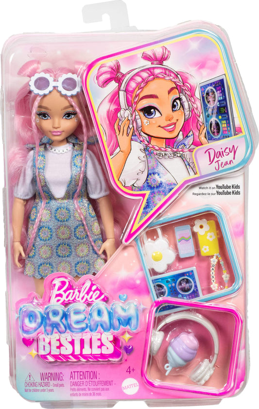 Barbie Daisy Jean posable fashion doll with wavy pink hair and music-themed accessories in a colorful display.