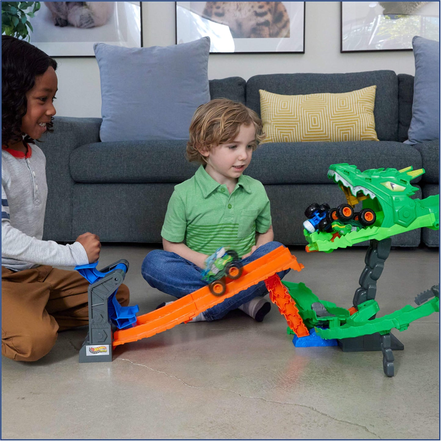 Hot Wheels Toy Monster Trucks, Sharks vs. Dinos Dragon Destruction Playset with 1:64 Scale Great Bite & Rageasaur, Race to Defeat the Cyborg Nemesis, JGB06