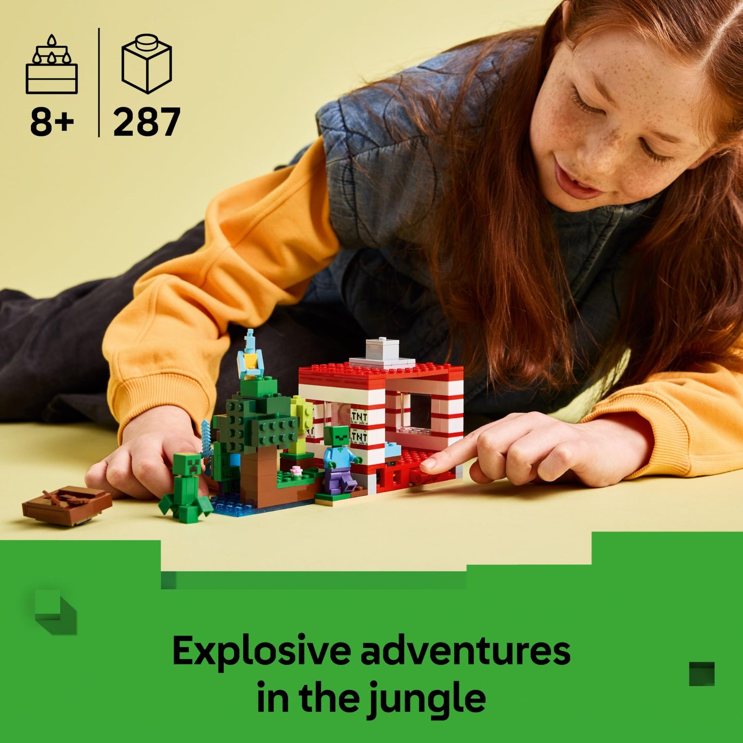 LEGO Minecraft The TNT Jungle House Toy - Interactive Set with a boat model, Steve, Creeper and Zombie Figures plus a TNT Function - Gamer Gift for 8+ Year Old Girls & Boys - 21275
