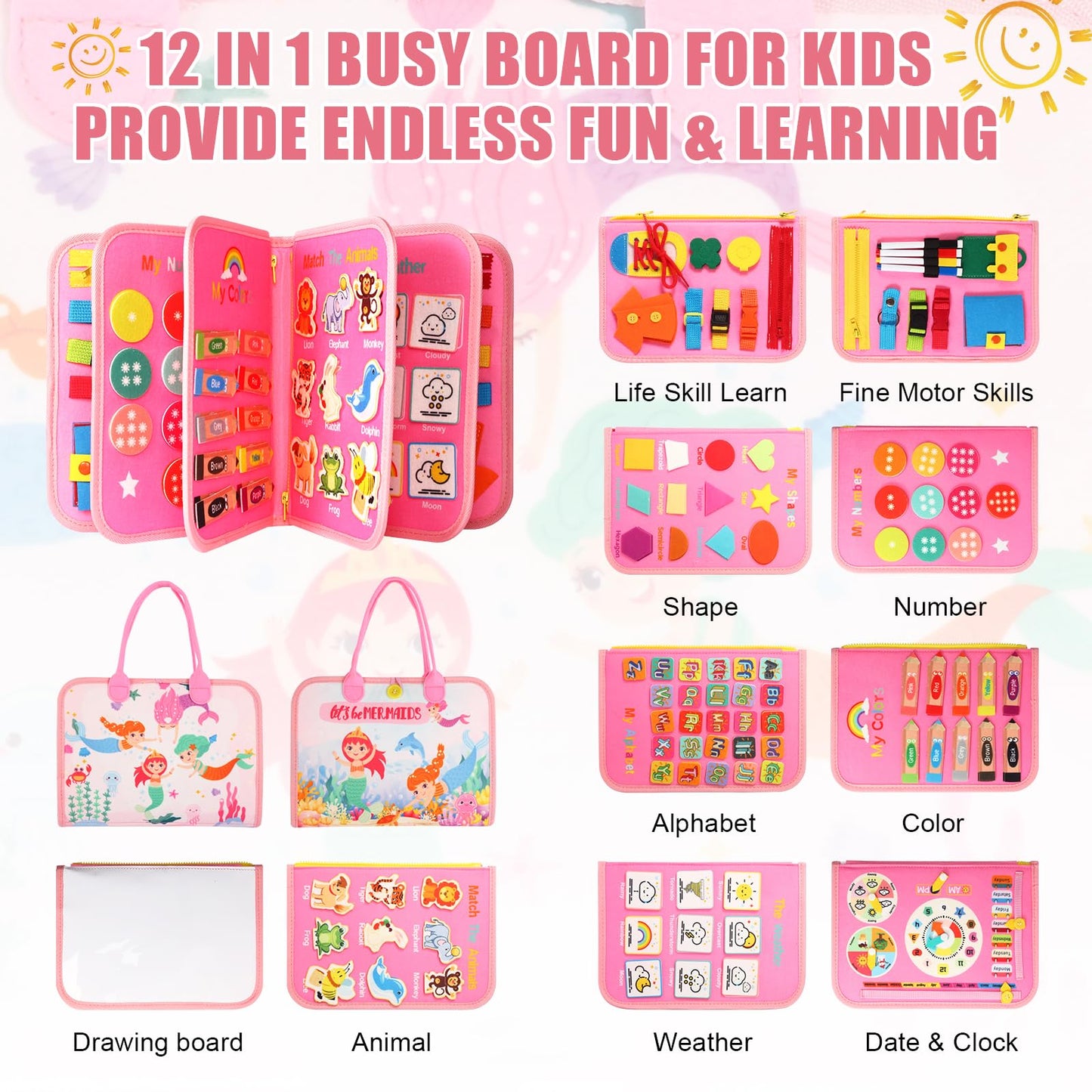 Hooku Busy Board for 3 Year Old, Montessori Toys for 3 Year Old, Baby Sensory Toys for Toddlers 3, Fine Motor Toys, Toddler Travel Toys, Toddler Learning Activities,Birthday Gifts for Baby Boy Girl