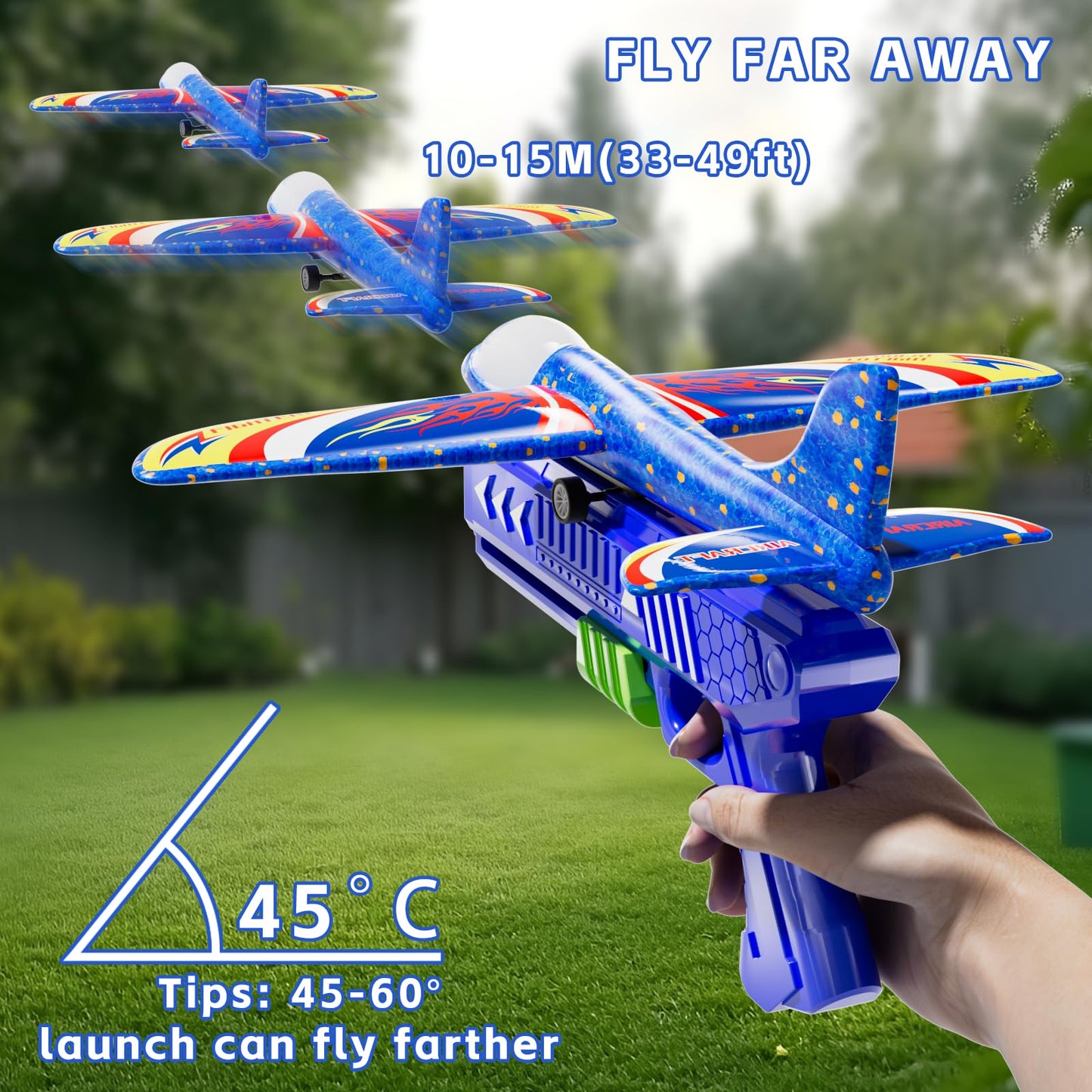 Doloowee 3 Pack Airplane Launcher Toys, 12.6 Inch LED Foam Glider Airplane Catapult, 2 Flight Modes, Outdoor Sports Flying Toys 4 5 6 7 8 9 10 11 12 Years Old Boys Girls Birthday Gifts (Blue)